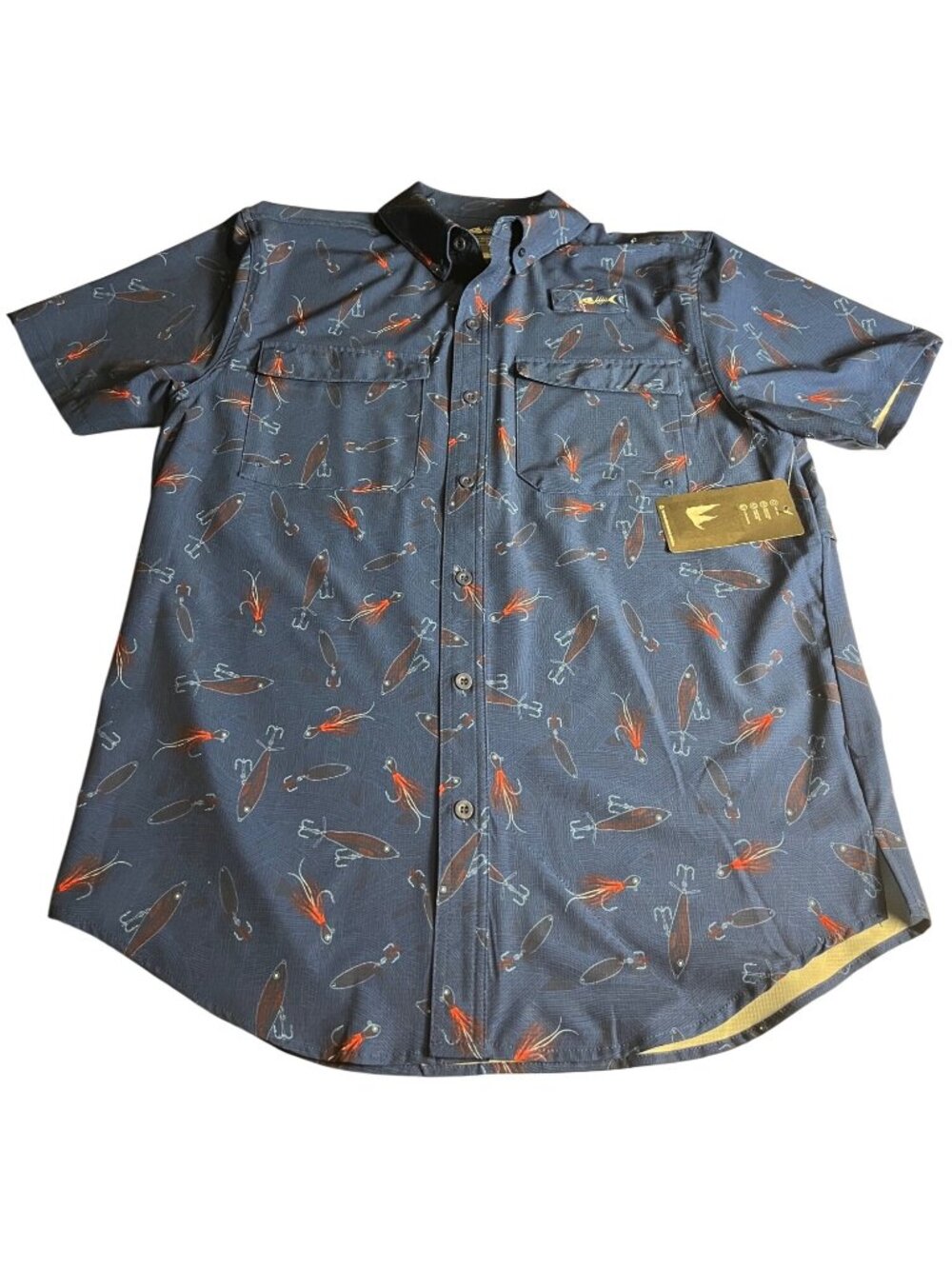 Silver Bait Mens Vented Fishing Shirt Blue Short Sleeve Button Down M lure print